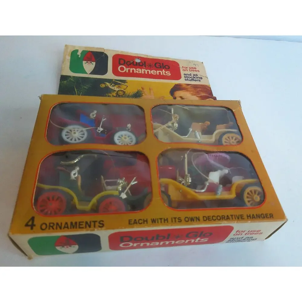 Vintage Doubl-Glo Antique Car Christmas Ornaments Set Of 4